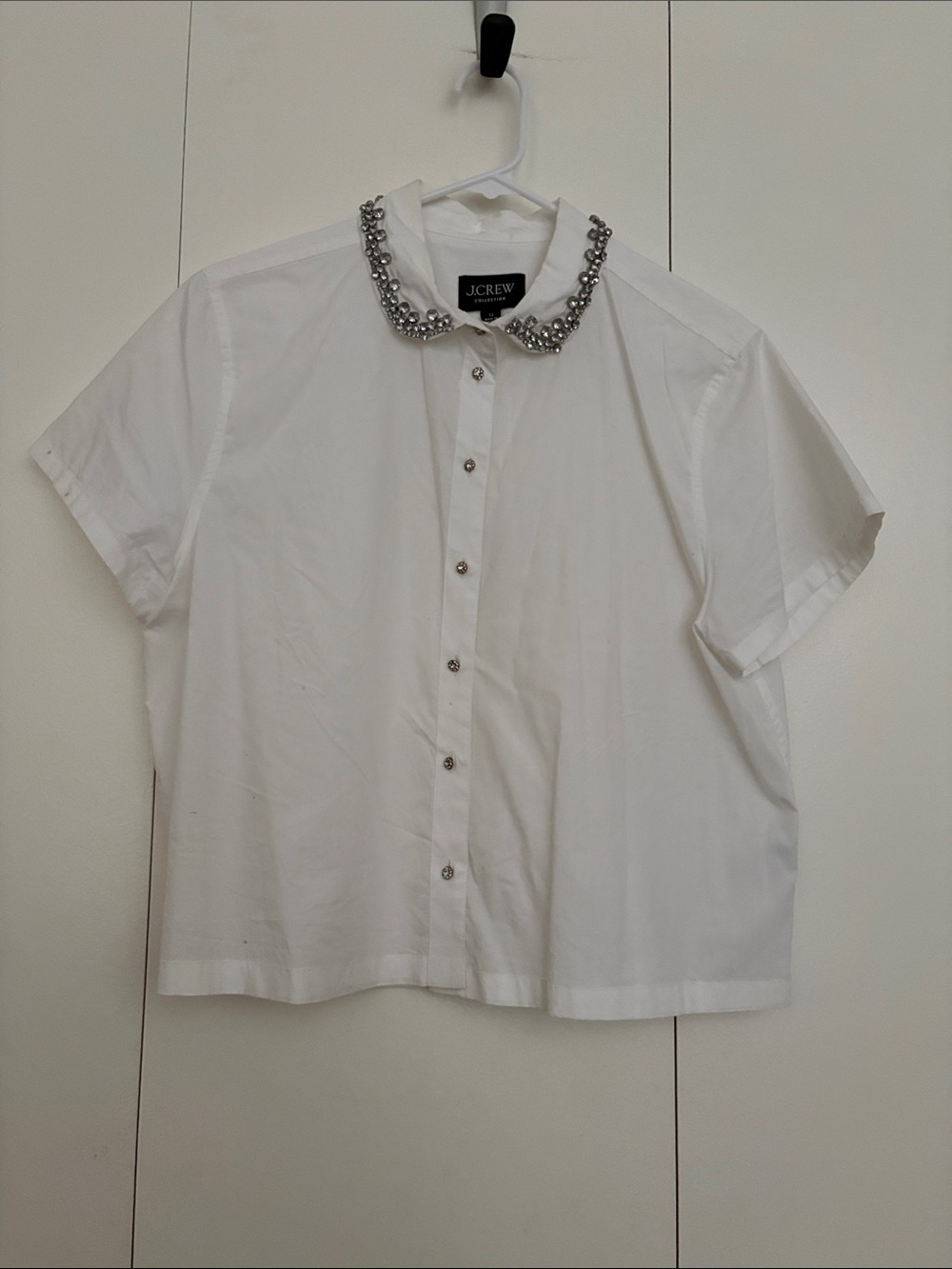 J. Crew White Short-Sleeve Button-Down with Bejeweled Collar